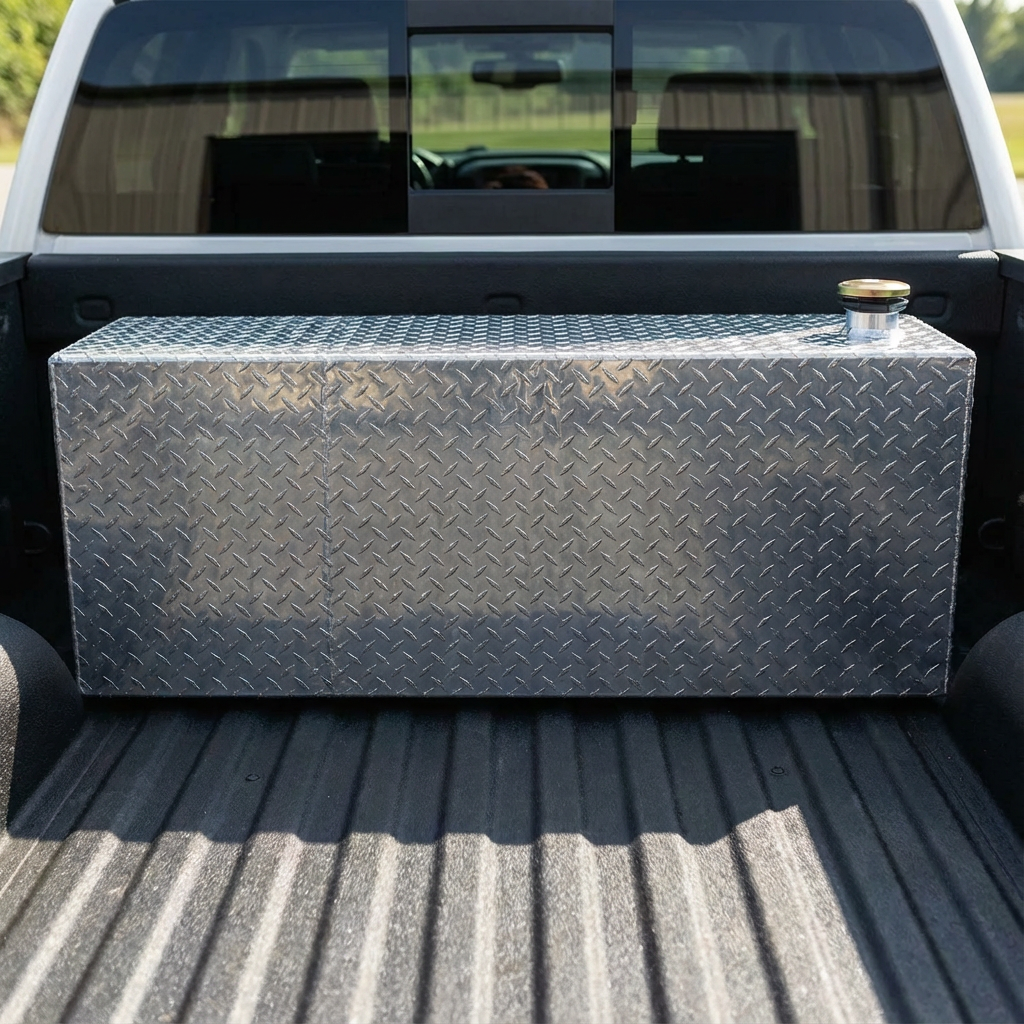 diesel transfer tank mounted in a pickup truck bed