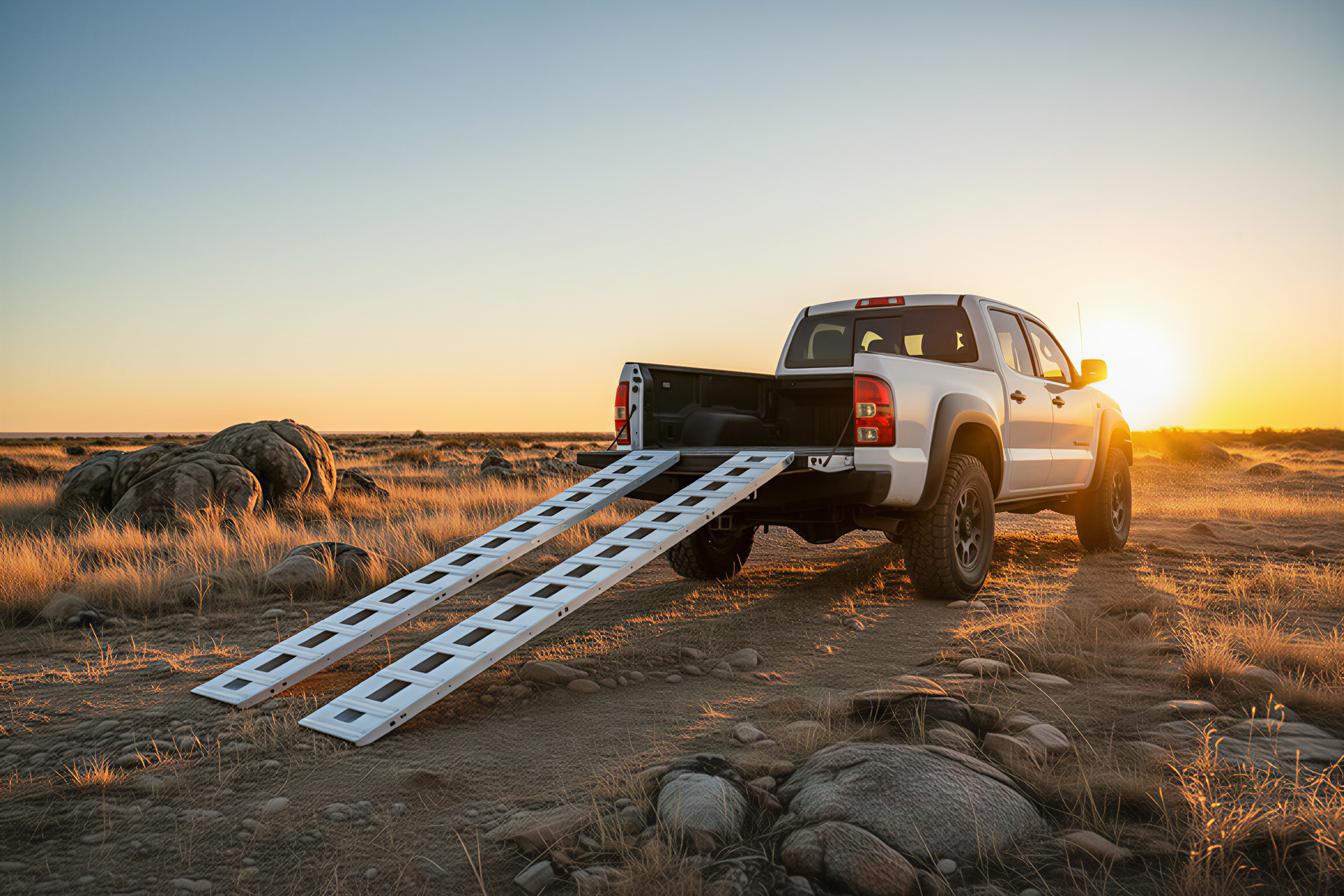 aluminum loading ramps set up on a pickup truck for off-road equipment loading