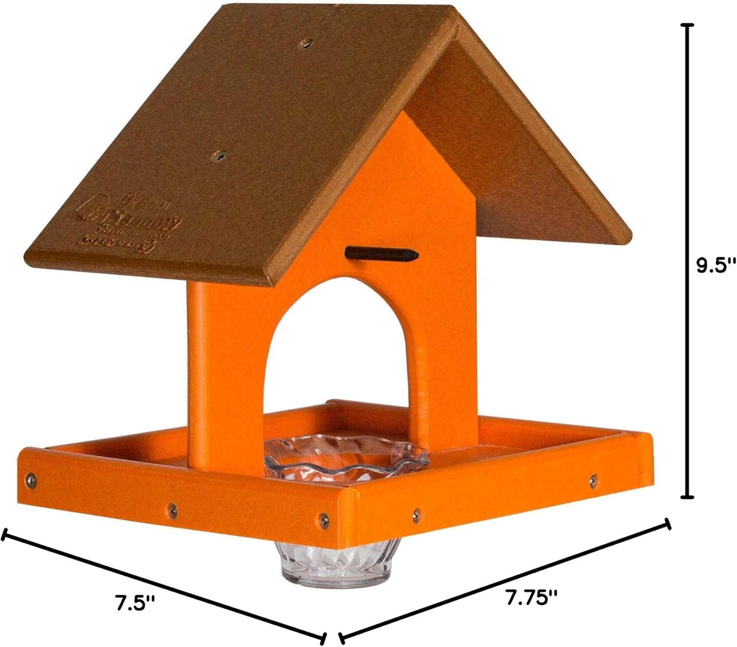 oriole bird feeder with tray showing dimensions and jelly jar placement