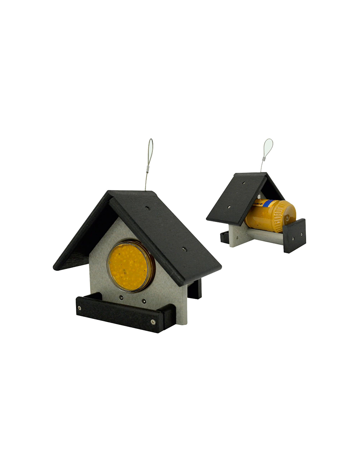 pair of peanut butter jar bird feeders with house-style design